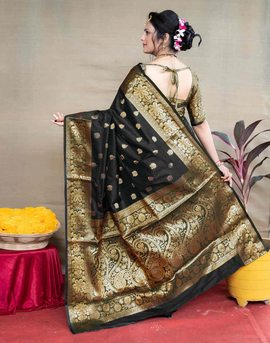 Mysaree Silk Saree — Midnight Temple Zari Royale