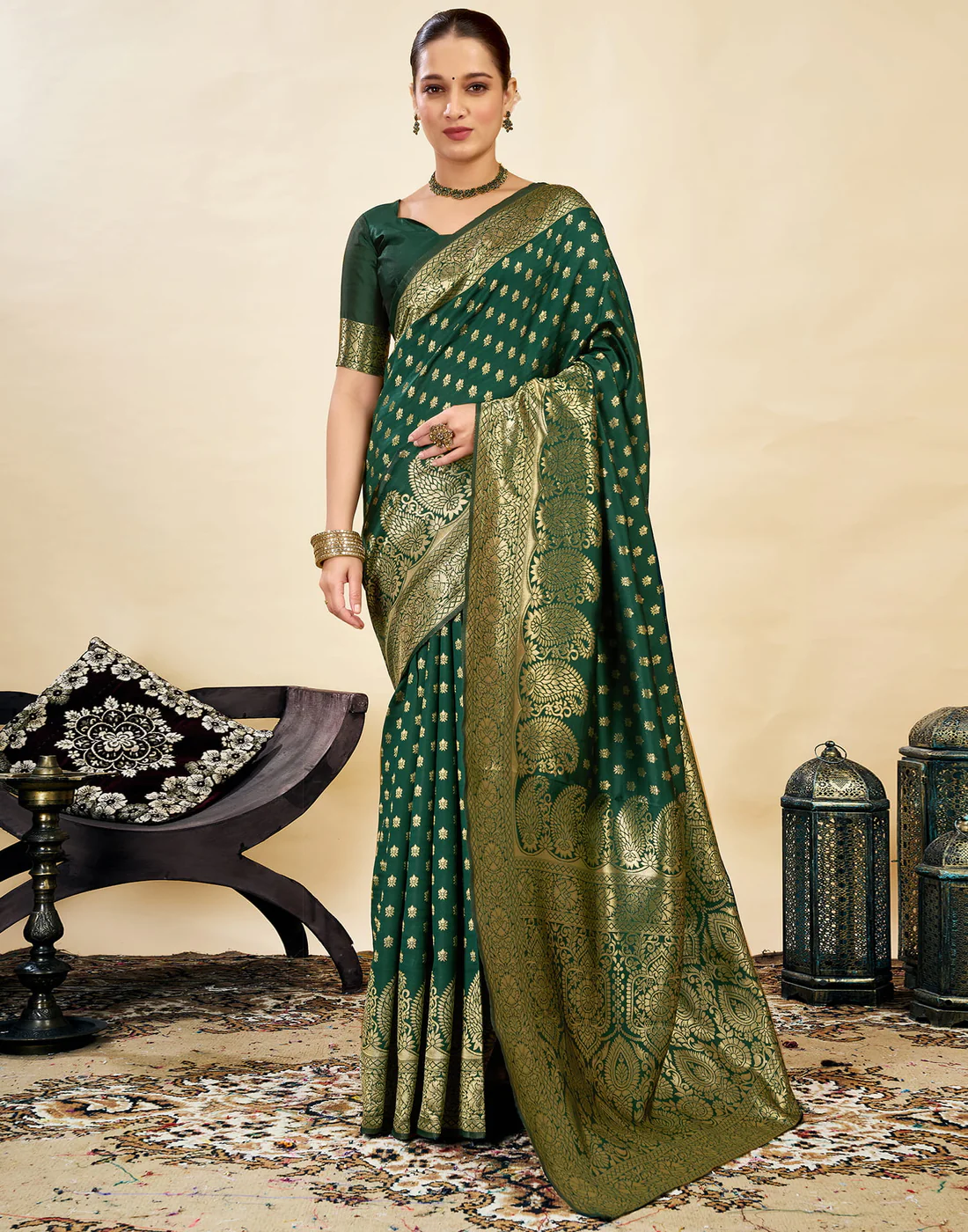 MySaree Bottle Green Jacquard Saree – Premium Golden Zari Weave
