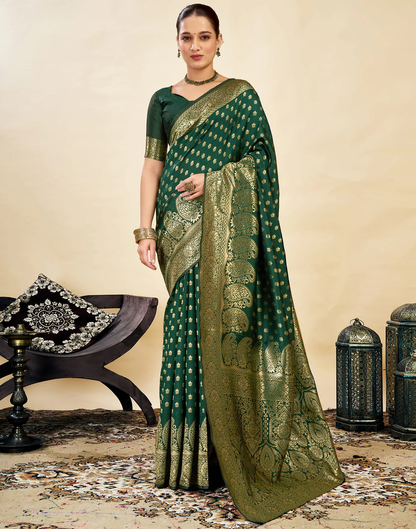 MySaree Bottle Green Jacquard Saree – Premium Golden Zari Weave