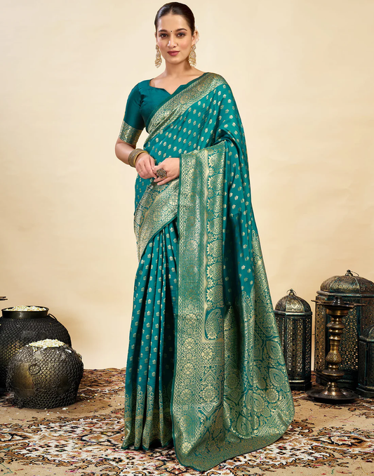 MySaree Bottle Green Jacquard Saree – Premium Golden Zari Weave
