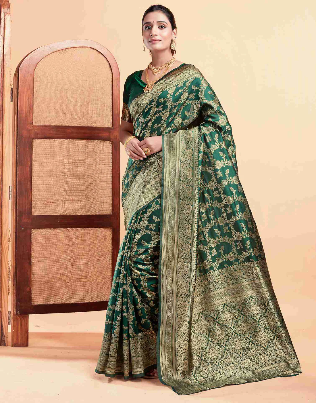 MySaree Emerald Green Jacquard Saree – Golden Floral Zari Weave