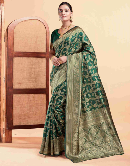 MySaree Emerald Green Jacquard Saree – Golden Floral Zari Weave