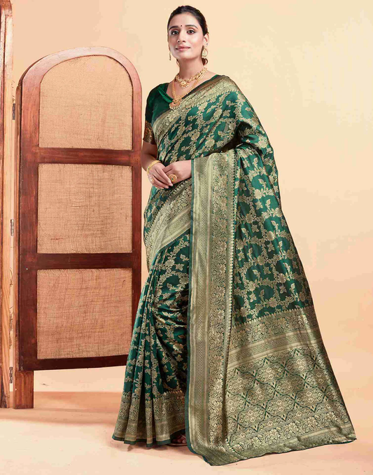 MySaree Emerald Green Jacquard Saree – Golden Floral Zari Weave