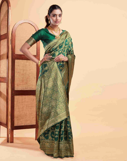 MySaree Emerald Green Jacquard Saree – Golden Floral Zari Weave