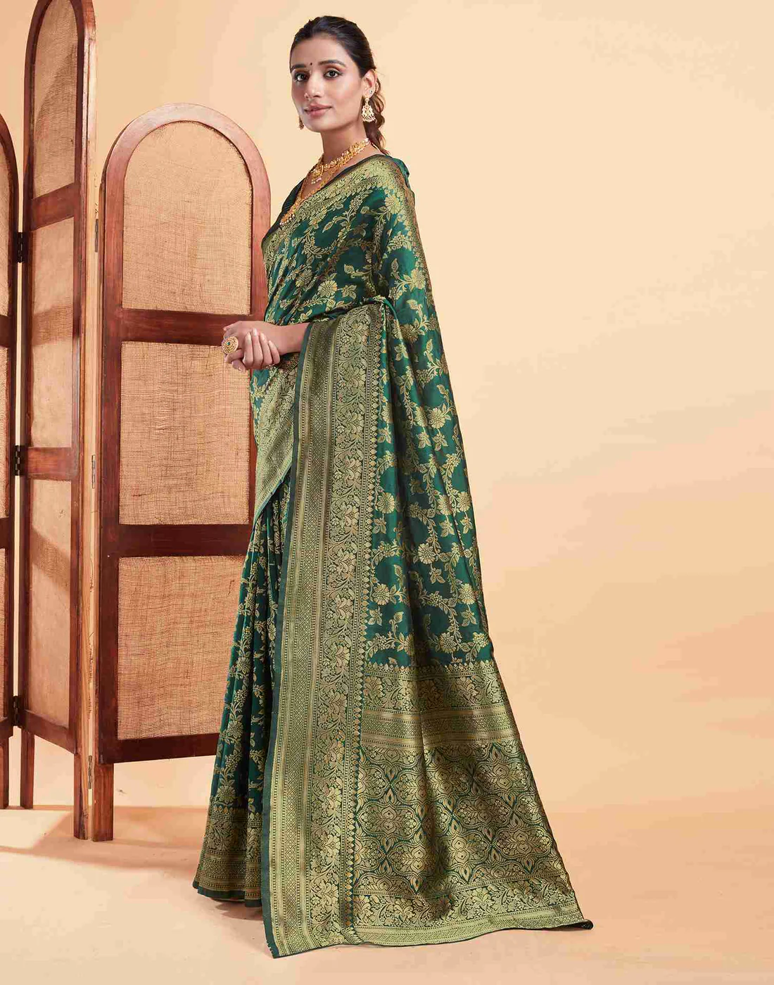 MySaree Emerald Green Jacquard Saree – Golden Floral Zari Weave