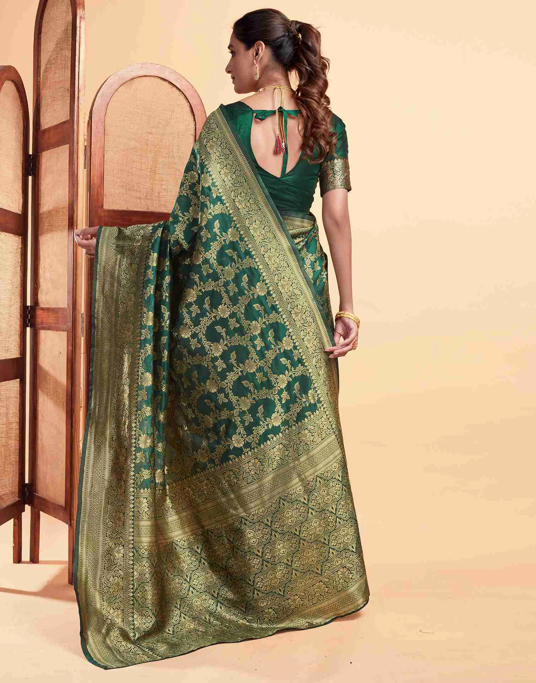 MySaree Emerald Green Jacquard Saree – Golden Floral Zari Weave