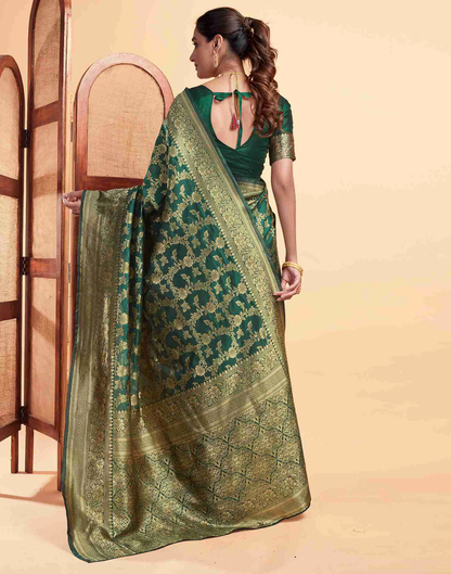MySaree Emerald Green Jacquard Saree – Golden Floral Zari Weave