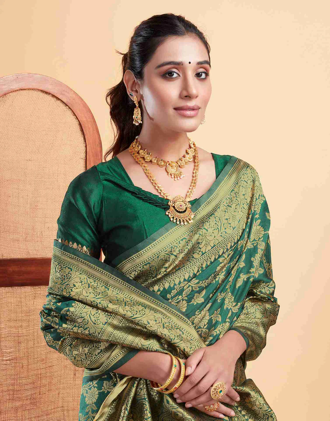 MySaree Emerald Green Jacquard Saree – Golden Floral Zari Weave