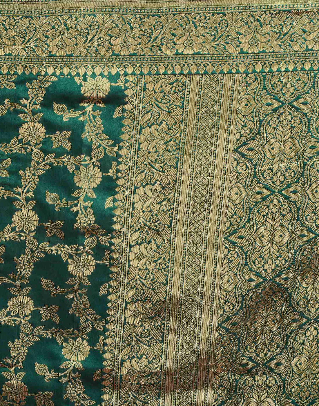 MySaree Emerald Green Jacquard Saree – Golden Floral Zari Weave