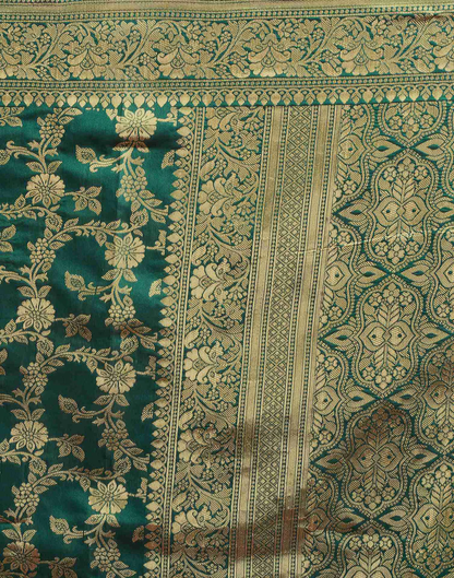 MySaree Emerald Green Jacquard Saree – Golden Floral Zari Weave