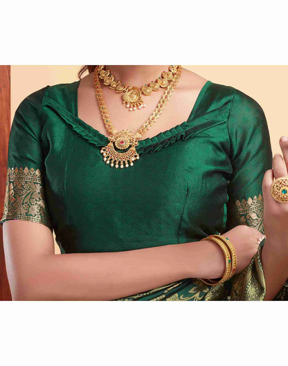 MySaree Emerald Green Jacquard Saree – Golden Floral Zari Weave