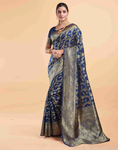 MySaree Emerald Green Jacquard Saree – Golden Floral Zari Weave