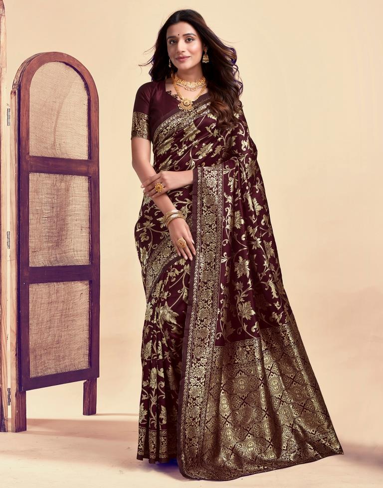 MySaree Crimson Red Jacquard Saree – Floral Golden Zari