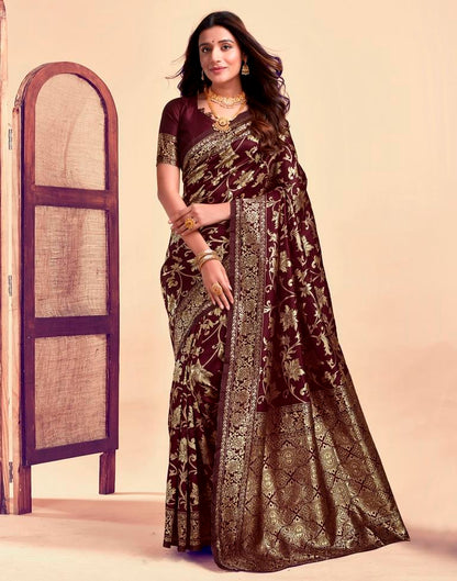 MySaree Crimson Red Jacquard Saree – Floral Golden Zari