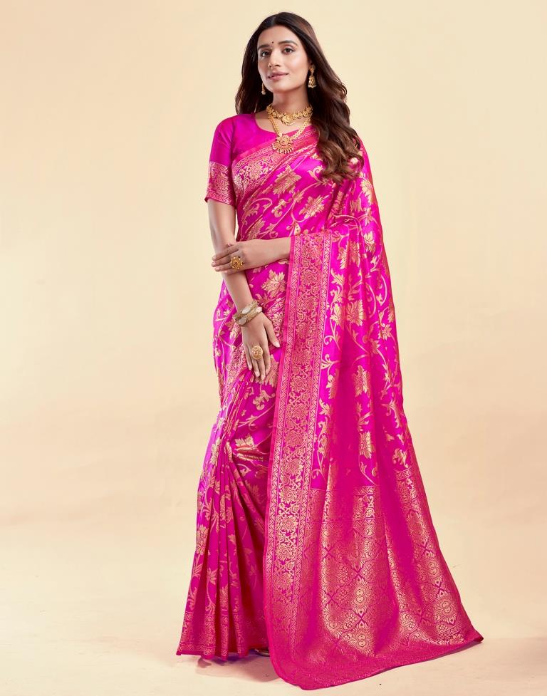 MySaree Crimson Red Jacquard Saree – Floral Golden Zari