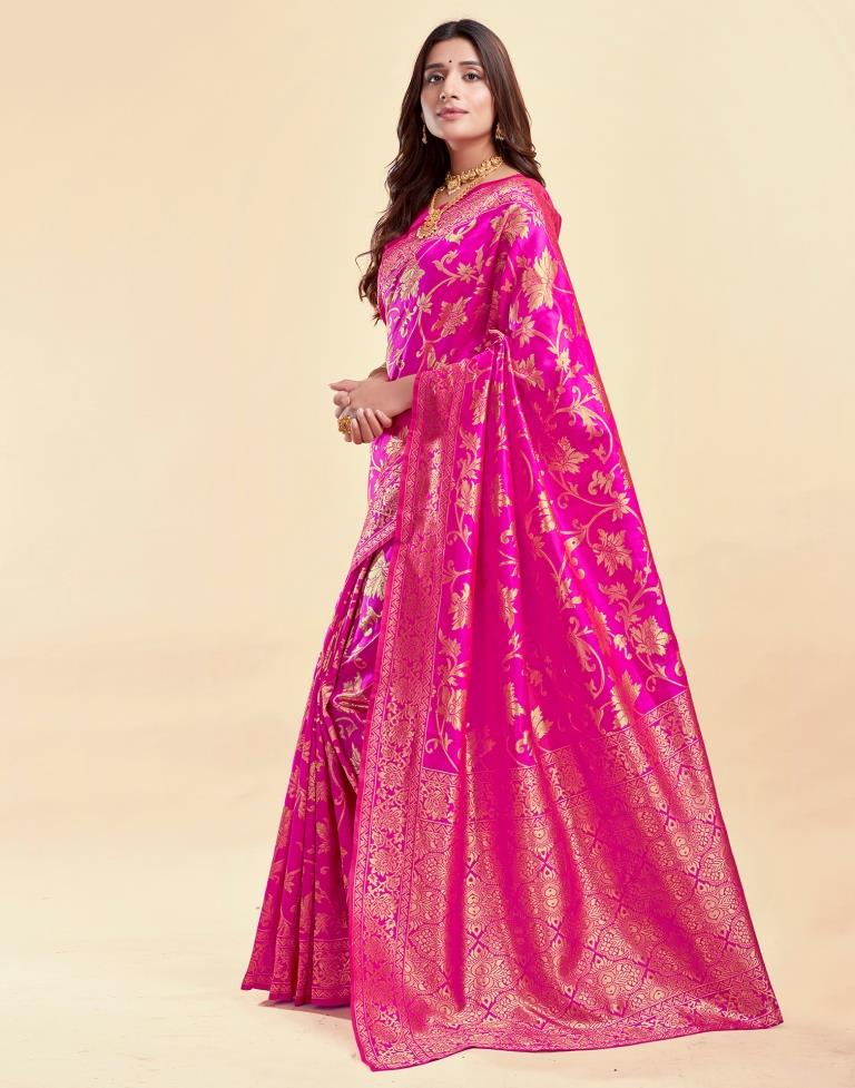MySaree Crimson Red Jacquard Saree – Floral Golden Zari