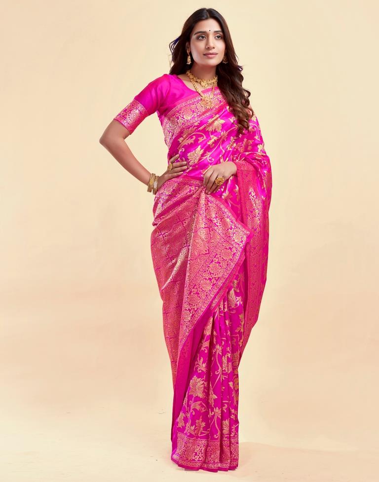 MySaree Crimson Red Jacquard Saree – Floral Golden Zari