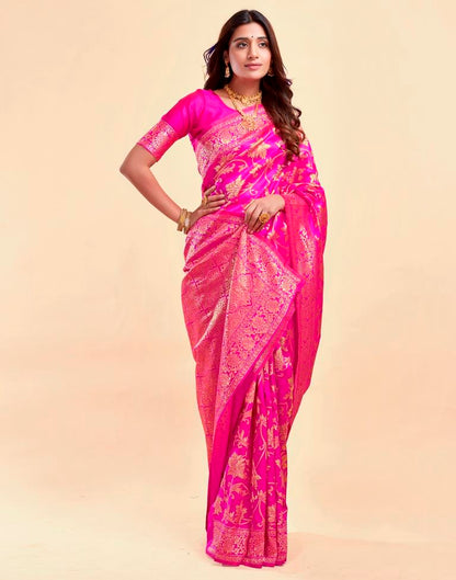 MySaree Crimson Red Jacquard Saree – Floral Golden Zari