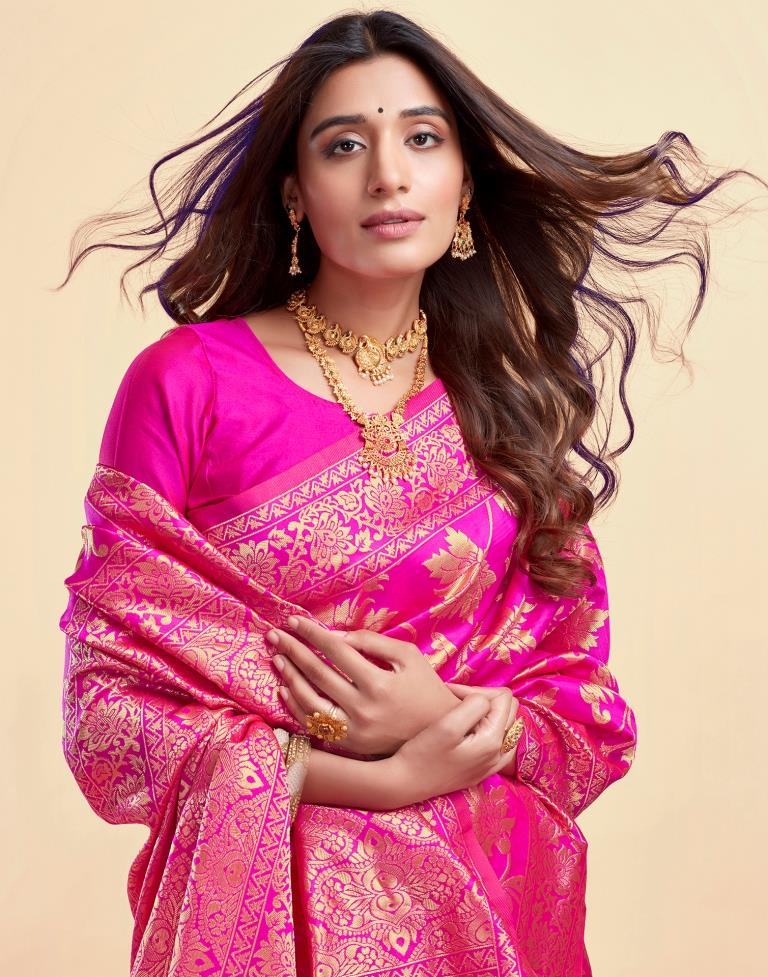 MySaree Crimson Red Jacquard Saree – Floral Golden Zari