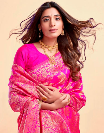 MySaree Crimson Red Jacquard Saree – Floral Golden Zari