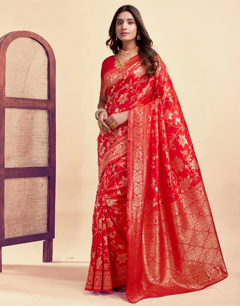 MySaree Crimson Red Jacquard Saree – Floral Golden Zari