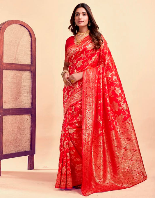 MySaree Crimson Red Jacquard Saree – Floral Golden Zari