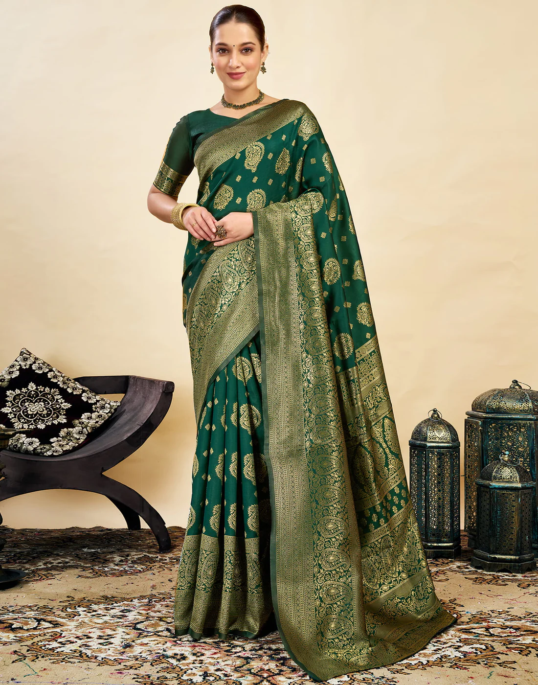 MySaree Emerald Majesty Jacquard Saree – Bottle Green Zari Design for Festive Wear
