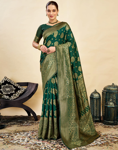 MySaree Emerald Majesty Jacquard Saree – Bottle Green Zari Design for Festive Wear