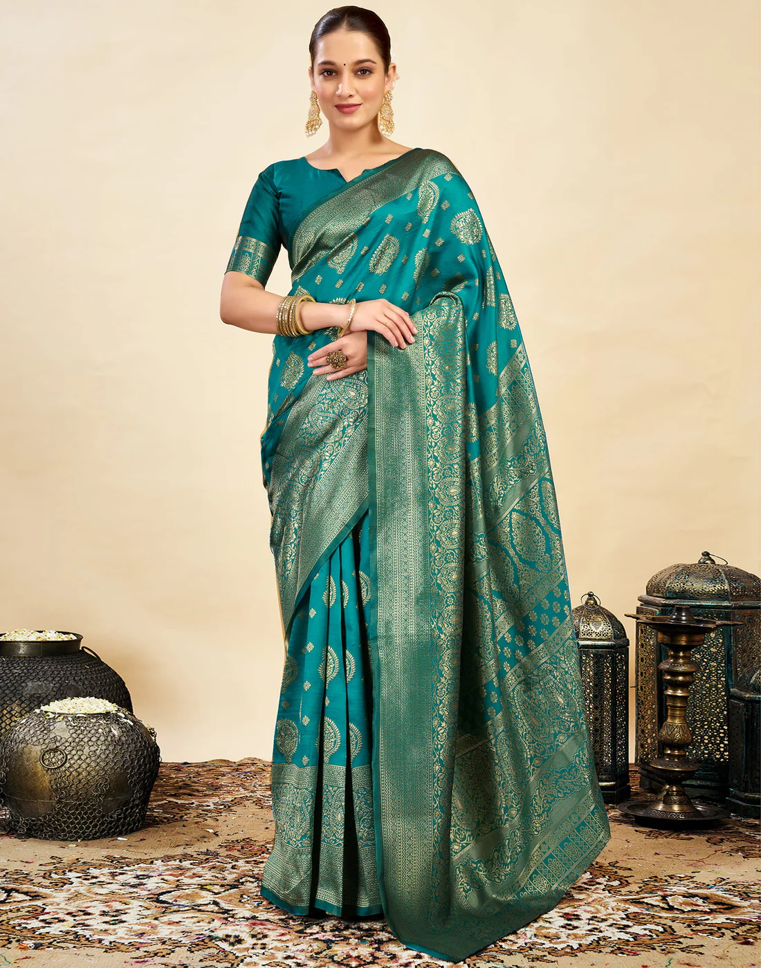 MySaree Emerald Majesty Jacquard Saree – Bottle Green Zari Design for Festive Wear