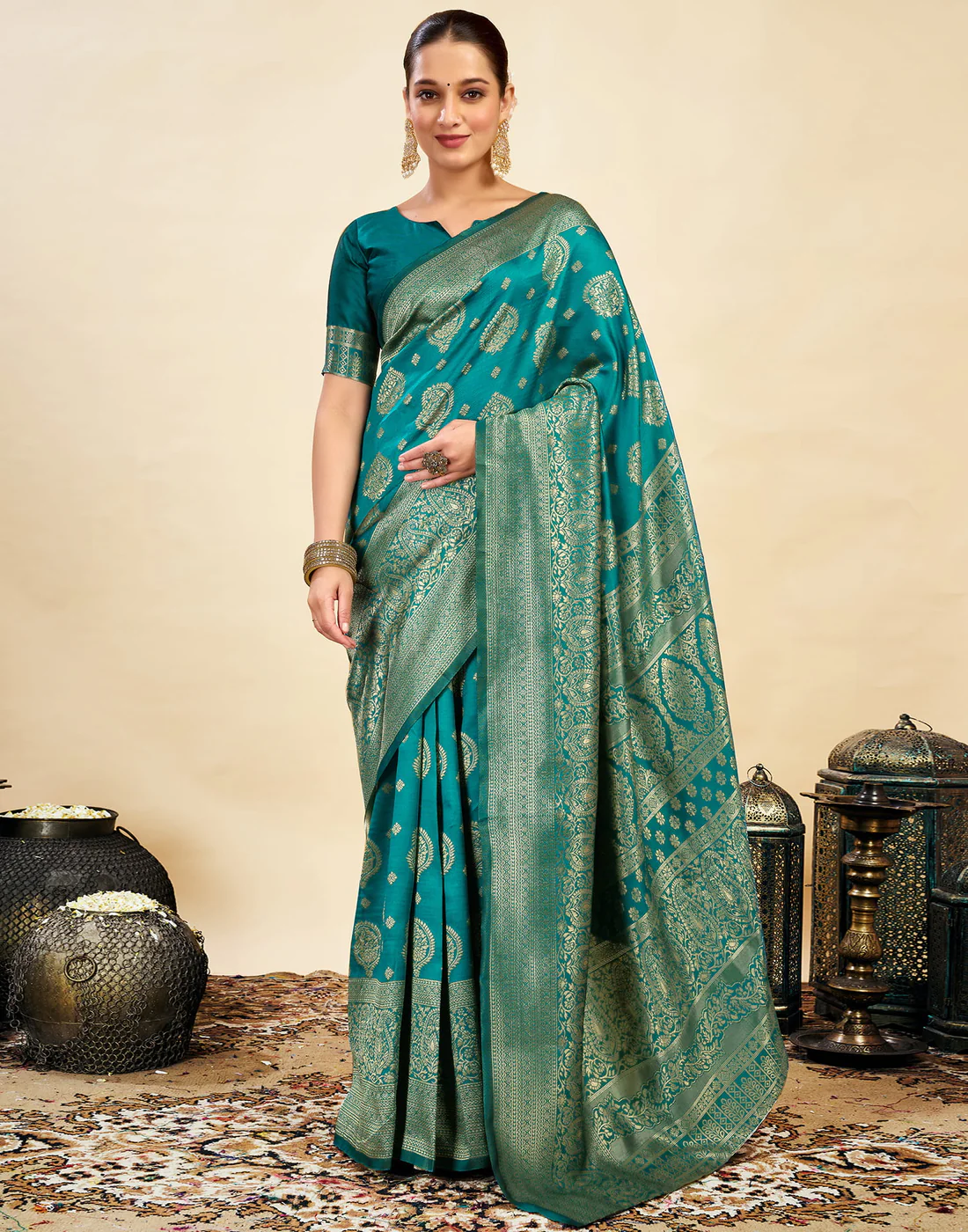 MySaree Emerald Majesty Jacquard Saree – Bottle Green Zari Design for Festive Wear