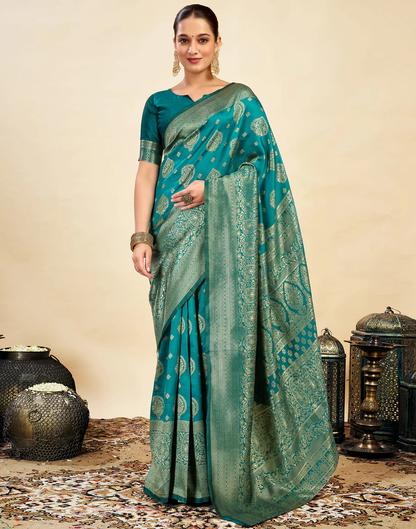 MySaree Emerald Majesty Jacquard Saree – Bottle Green Zari Design for Festive Wear