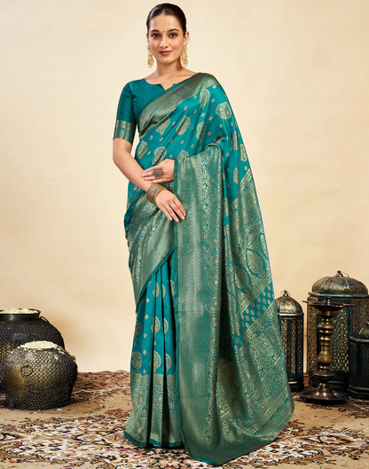 MySaree Emerald Majesty Jacquard Saree – Bottle Green Zari Design for Festive Wear