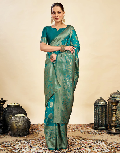 MySaree Emerald Majesty Jacquard Saree – Bottle Green Zari Design for Festive Wear