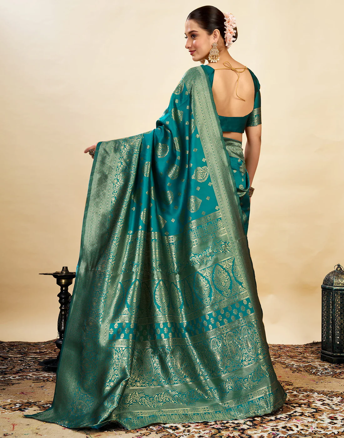 MySaree Emerald Majesty Jacquard Saree – Bottle Green Zari Design for Festive Wear