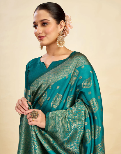 MySaree Emerald Majesty Jacquard Saree – Bottle Green Zari Design for Festive Wear