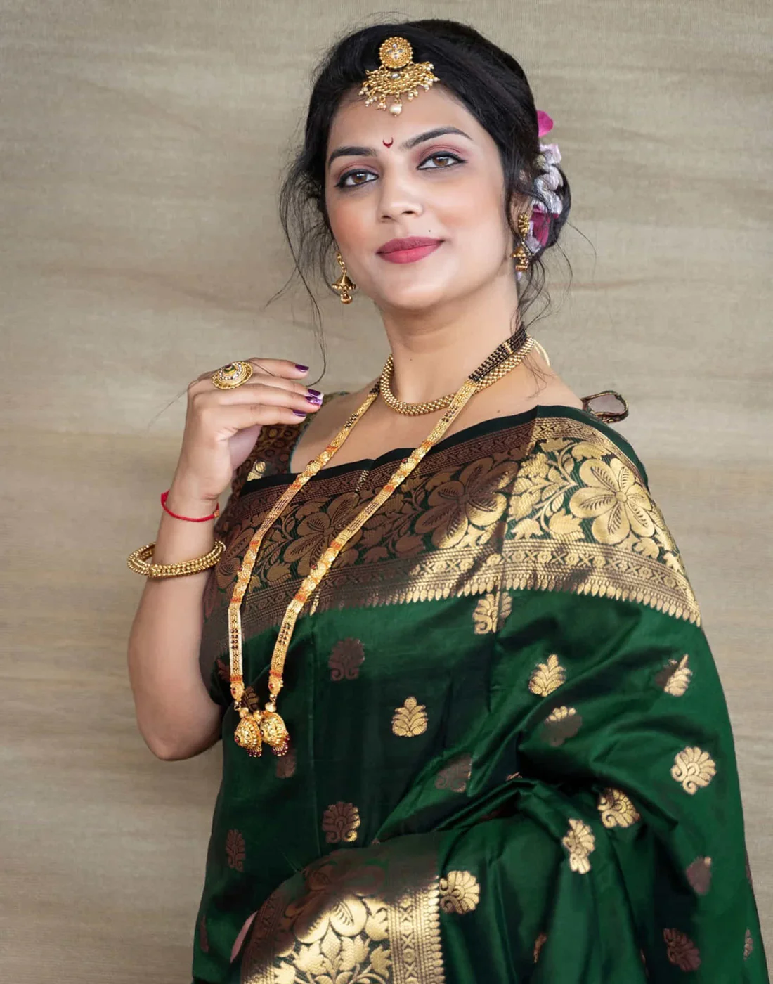 Mysaree Silk Saree — Emerald Temple Zari Royale