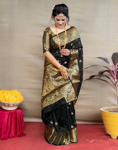 Mysaree Silk Saree — Midnight Temple Zari Royale