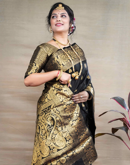 Mysaree Silk Saree — Midnight Temple Zari Royale