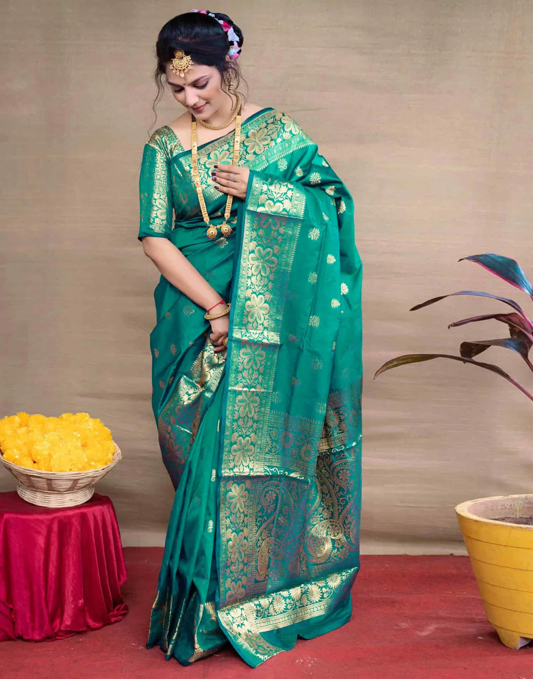 Mysaree Silk Saree — Rama Green Zari Royale