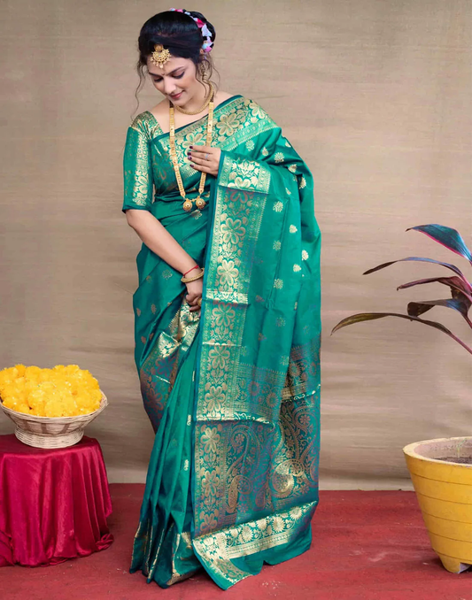 Mysaree Silk Saree — Rama Green Zari Royale