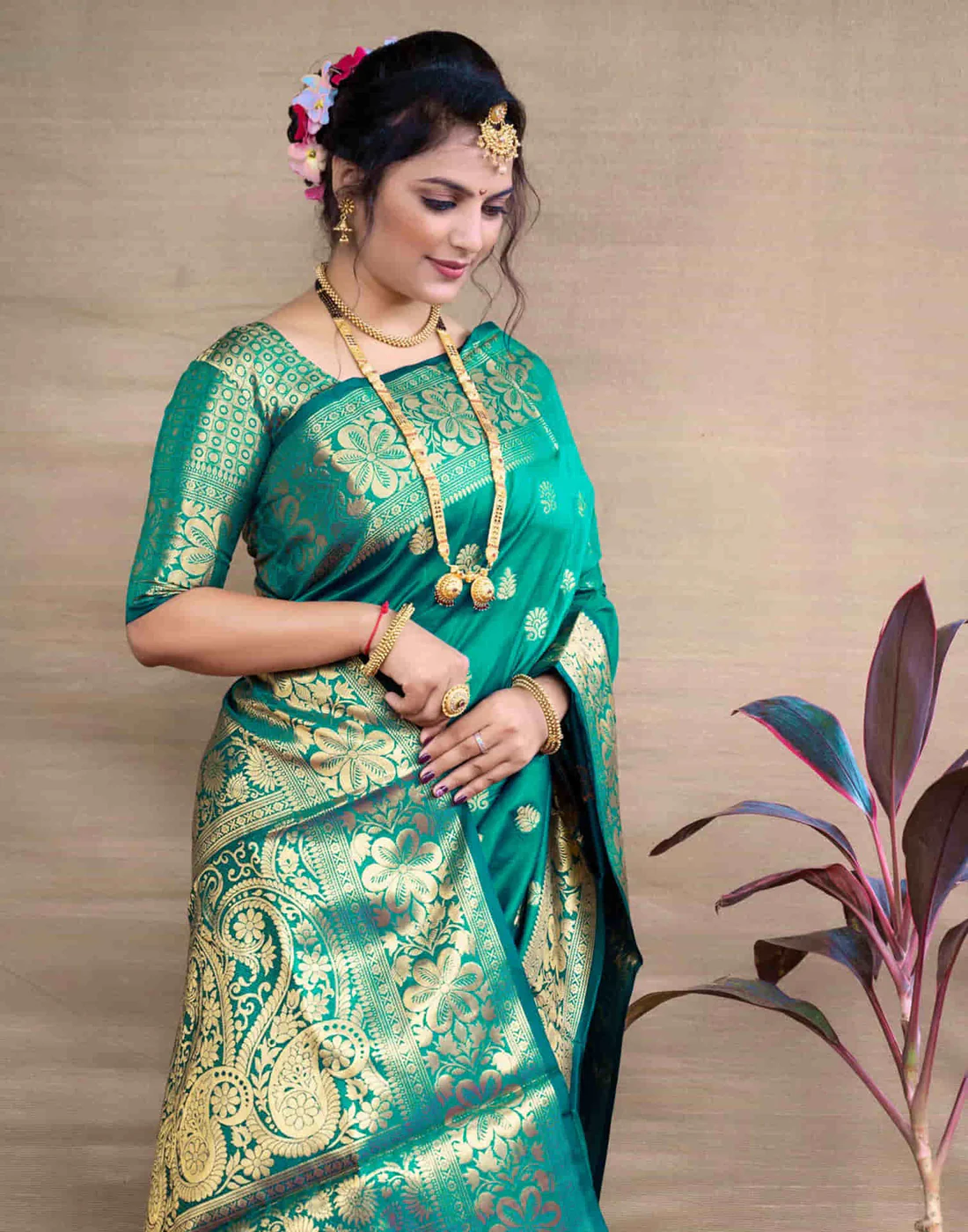 Mysaree Silk Saree — Rama Green Zari Royale