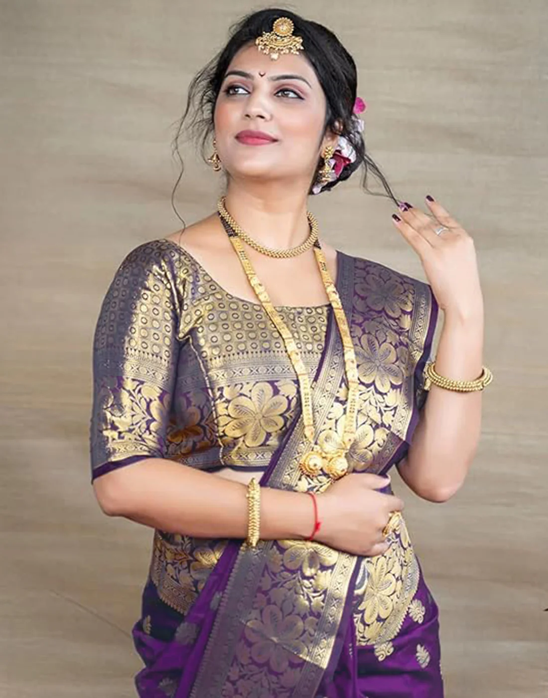 Mysaree Silk Saree — Imperial Violet Temple Zari