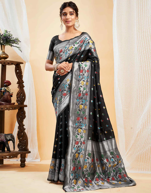 Mysaree Jacquard Saree — Midnight Bloom Elegance