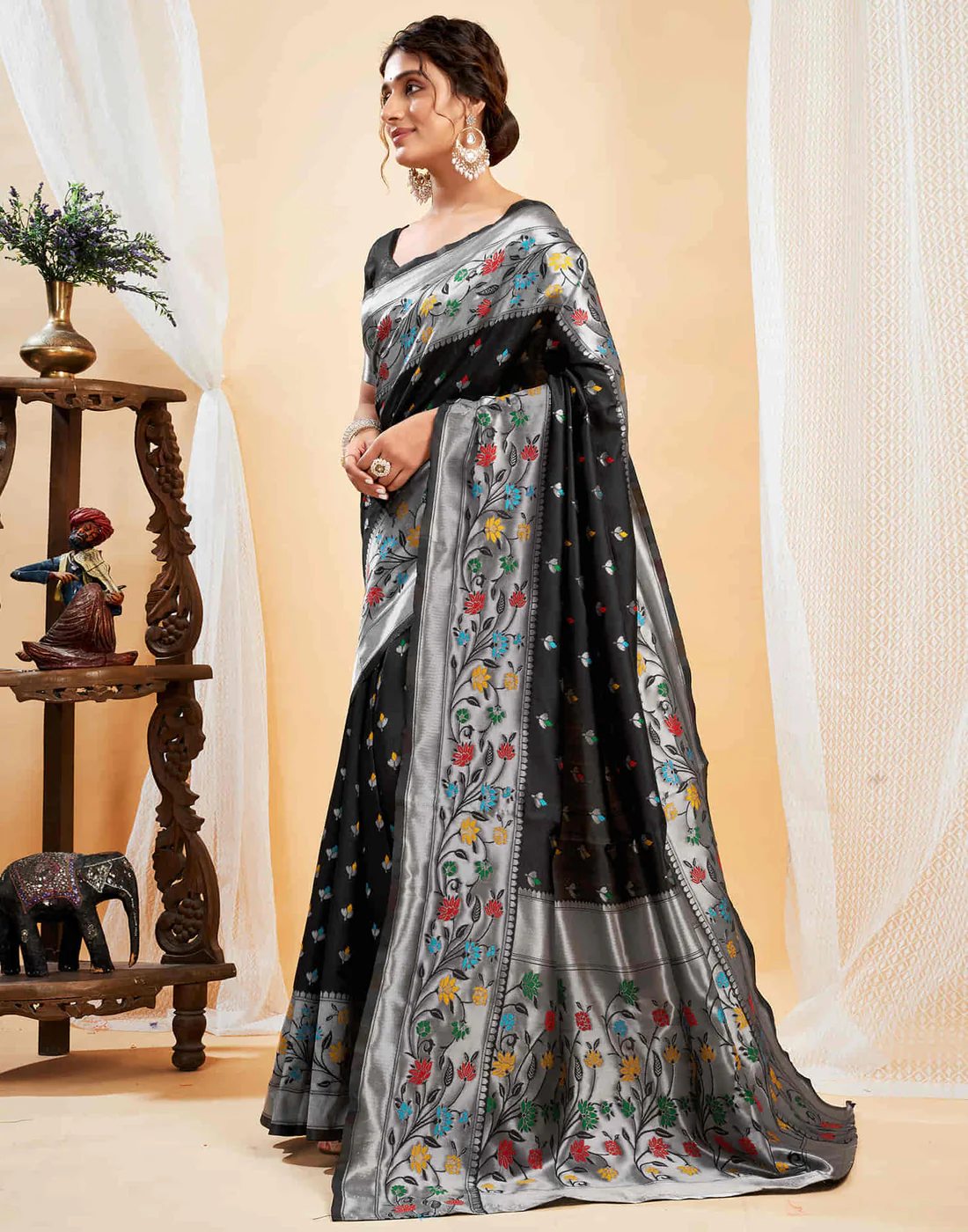 Mysaree Jacquard Saree — Midnight Bloom Elegance