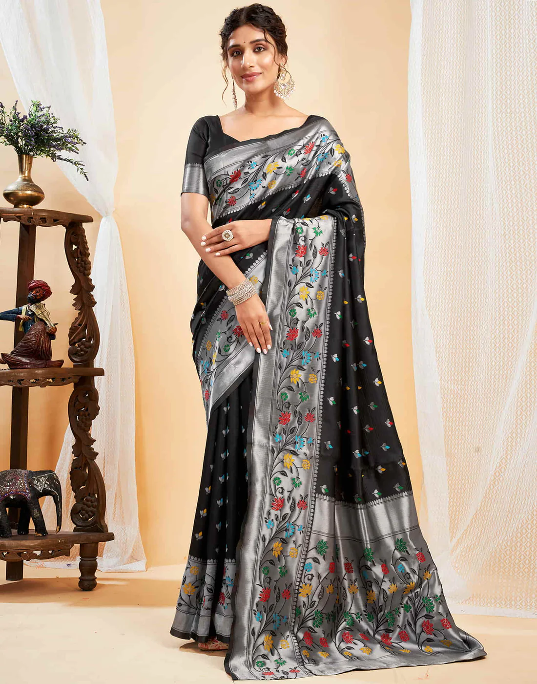 Mysaree Jacquard Saree — Midnight Bloom Elegance