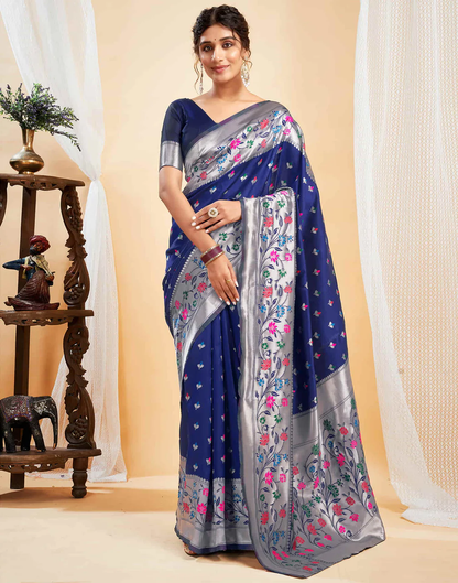 Mysaree Jacquard Saree — Sapphire Bloom Elegance