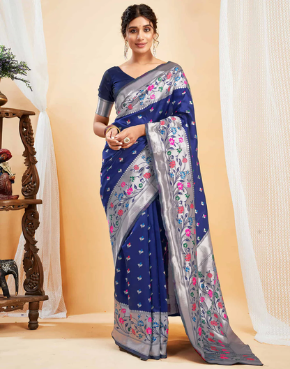 Mysaree Jacquard Saree — Sapphire Bloom Elegance