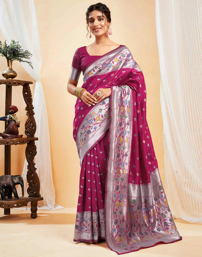 Mysaree Jacquard Saree — Rosy Bloom Elegance
