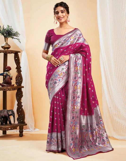 Mysaree Jacquard Saree — Rosy Bloom Elegance