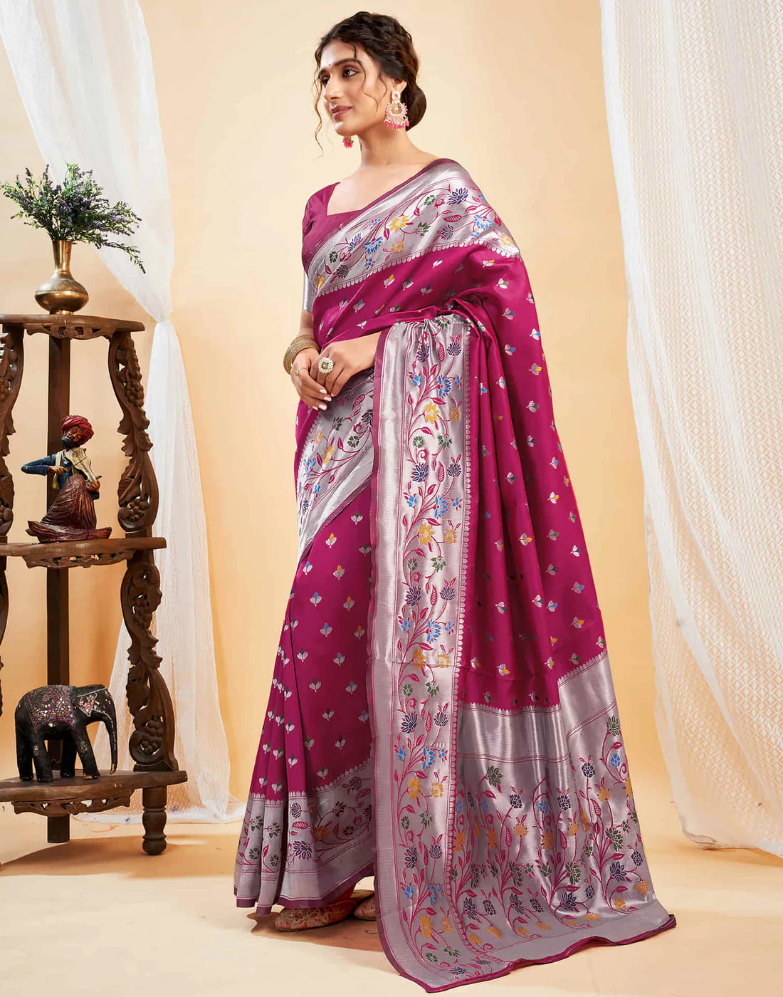 Mysaree Jacquard Saree — Rosy Bloom Elegance